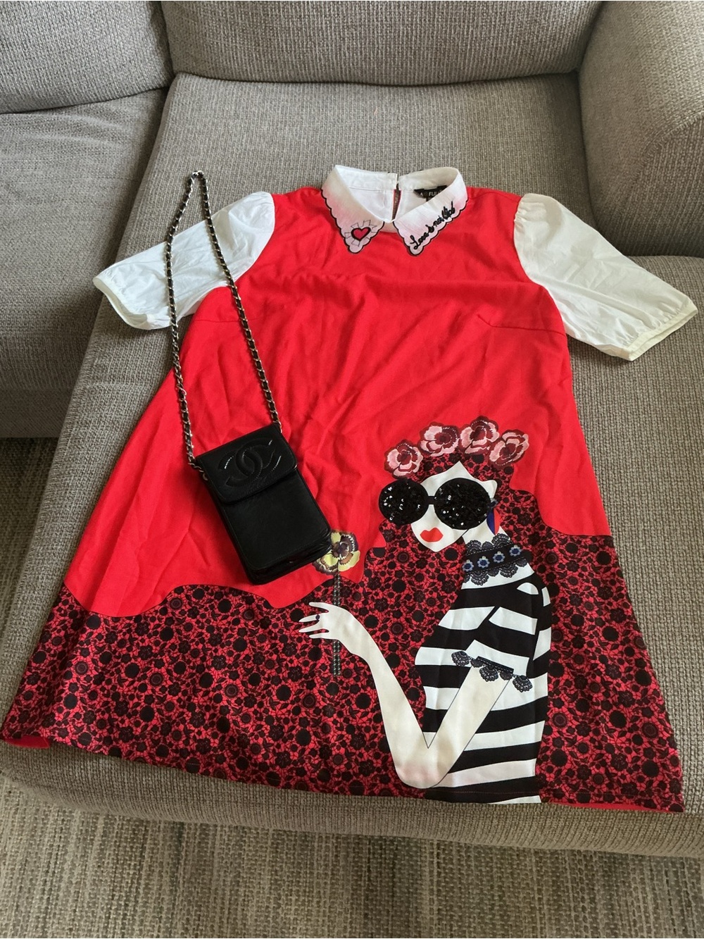 Red Graphic Mini Dress with White Collar